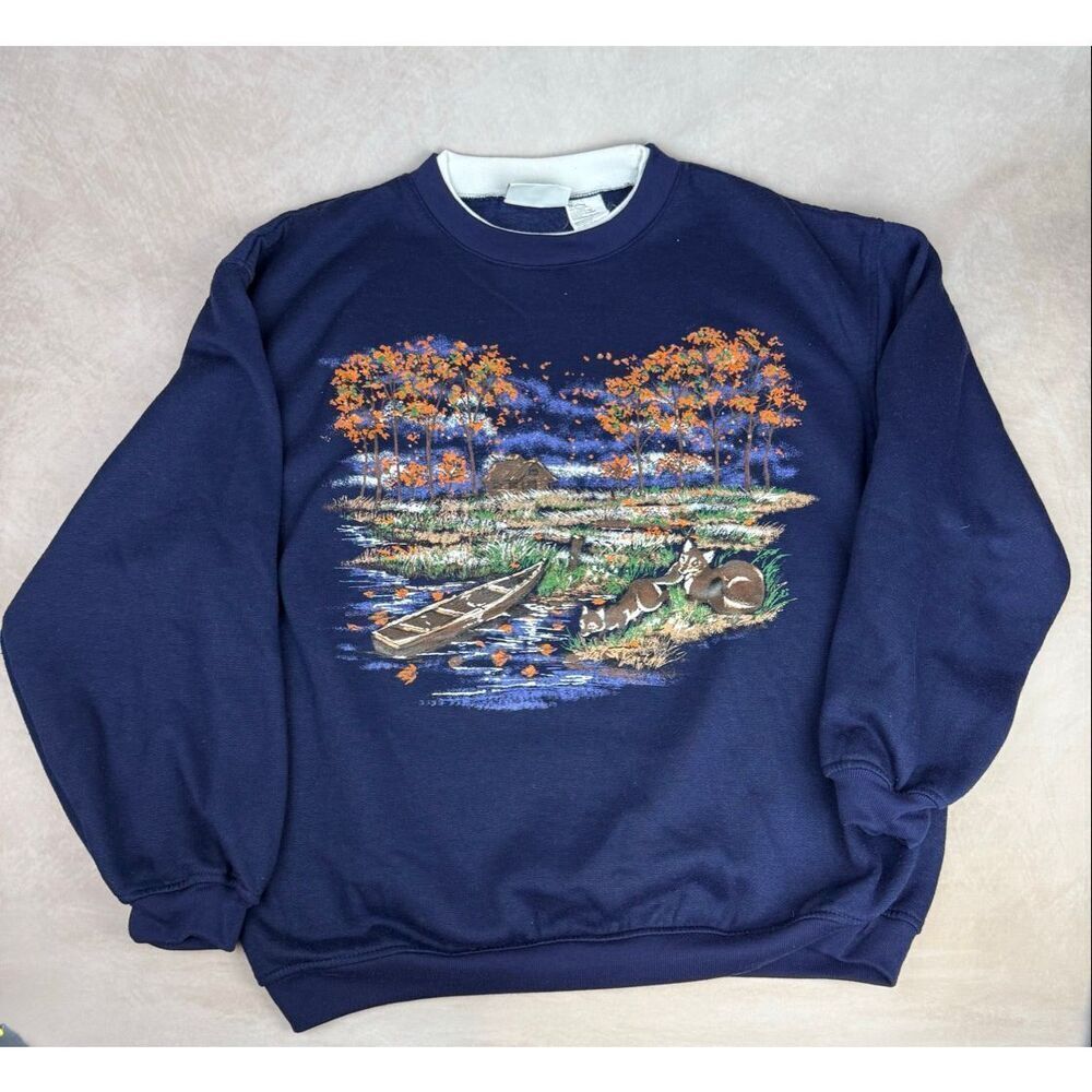 Vintage 1990s Cottagecore Sweatshirt Size M Foxes Snow Birds Floral Basic Editio